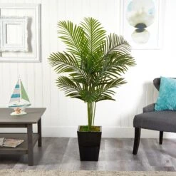 5’ Paradise Palm Artificial Tree In Black Metal Planter -Artificial Flowers Sale artificial 5 paradise palm artificial tree in black metal planter nearly natural 768274