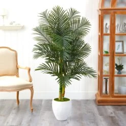 5’ Paradise Palm Artificial Tree In White Planter With Faux Moss -Artificial Flowers Sale artificial 5 paradise palm artificial tree in white planter nearly natural 697593