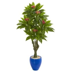 5’ Plumeria Artificial Tree In Decorative Blue Planter (Indoor/Outdoor)