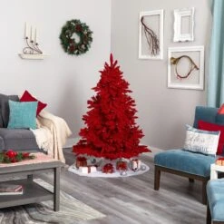 5' Red Flocked Fraser Fir Artificial Christmas Tree -Artificial Flowers Sale artificial 5 red flocked fraser fir artificial christmas tree with 250 red lights 26 globe bulbs and 490 bendable branches nearly natural 557396