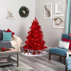5' Red Flocked Fraser Fir Artificial Christmas Tree -Artificial Flowers Sale artificial 5 red flocked fraser fir artificial christmas tree with 250 red lights 26 globe bulbs and 490 bendable branches nearly natural 797078