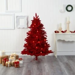 5' Red Flocked Fraser Fir Artificial Christmas Tree -Artificial Flowers Sale artificial 5 red flocked fraser fir artificial christmas tree with 250 red lights 26 globe bulbs and 490 bendable branches nearly natural 999080