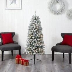 5’ Slim Flocked Montreal Fir Christmas Tree With 150 Warm White LED Lights And 491 Bendable Branches -Artificial Flowers Sale artificial 5 slim flocked montreal fir christmas tree with 150 warm white led lights and 491 bendable branches nearly natural 101200