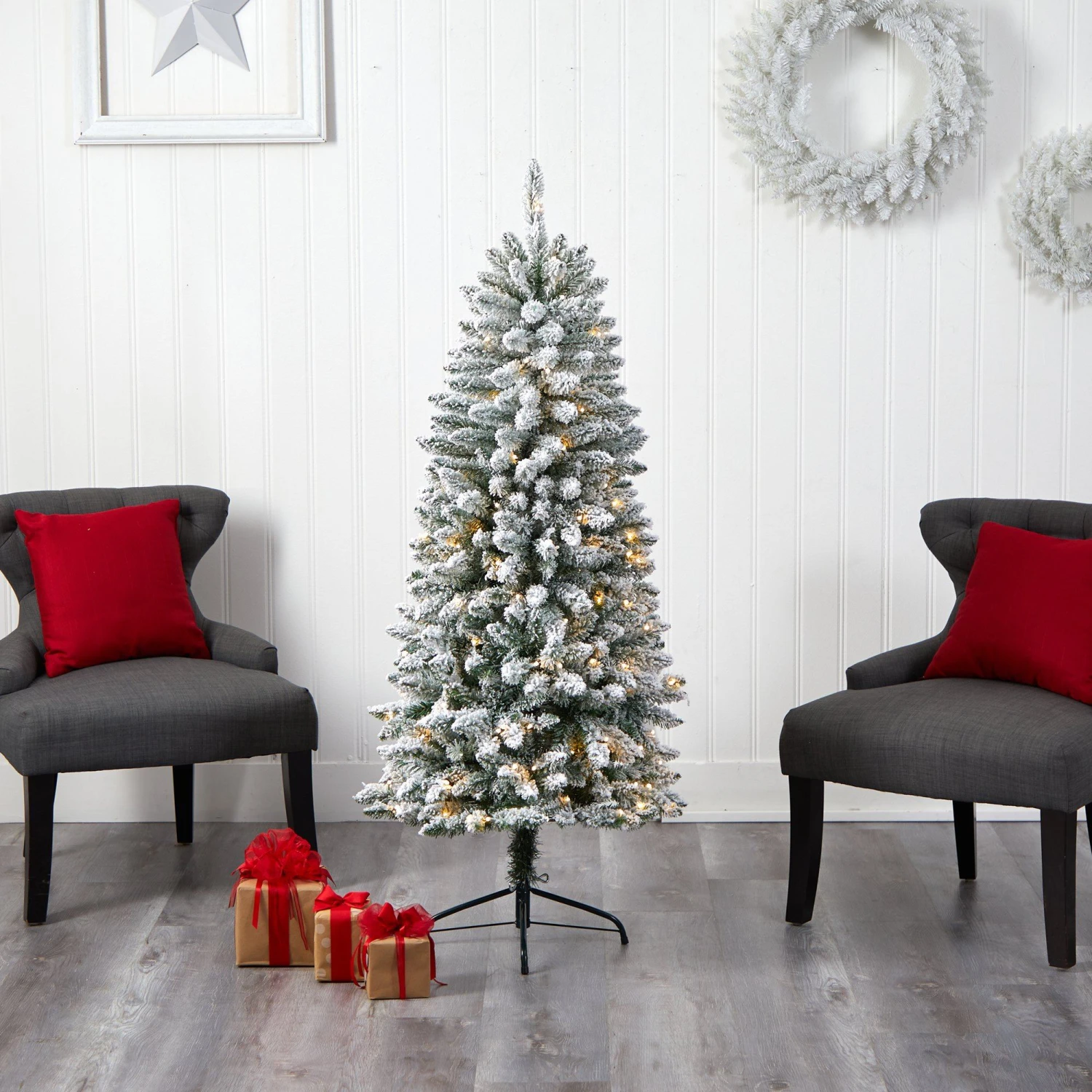 5’ Slim Flocked Montreal Fir Christmas Tree With 150 Warm White LED Lights And 491 Bendable Branches 9 5’ Slim Flocked Montreal Fir Christmas Tree With 150 Warm White LED Lights And 491 Bendable Branches - Image 7