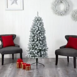 5’ Slim Flocked Montreal Fir Christmas Tree With 150 Warm White LED Lights And 491 Bendable Branches -Artificial Flowers Sale artificial 5 slim flocked montreal fir christmas tree with 150 warm white led lights and 491 bendable branches nearly natural 987643