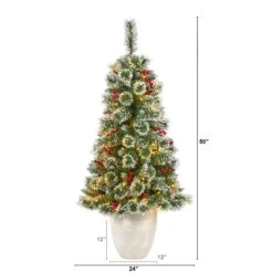 50” Frosted Swiss Pine Artificial Christmas Tree With 100 Clear LED Lights And Berries In White Planter -Artificial Flowers Sale artificial 50 frosted swiss pine artificial christmas tree with 100 clear led lights and berries in white planter nearly natural 487551