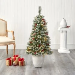 50” Frosted Swiss Pine Artificial Christmas Tree With 100 Clear LED Lights And Berries In White Planter -Artificial Flowers Sale artificial 50 frosted swiss pine artificial christmas tree with 100 clear led lights and berries in white planter nearly natural 905365
