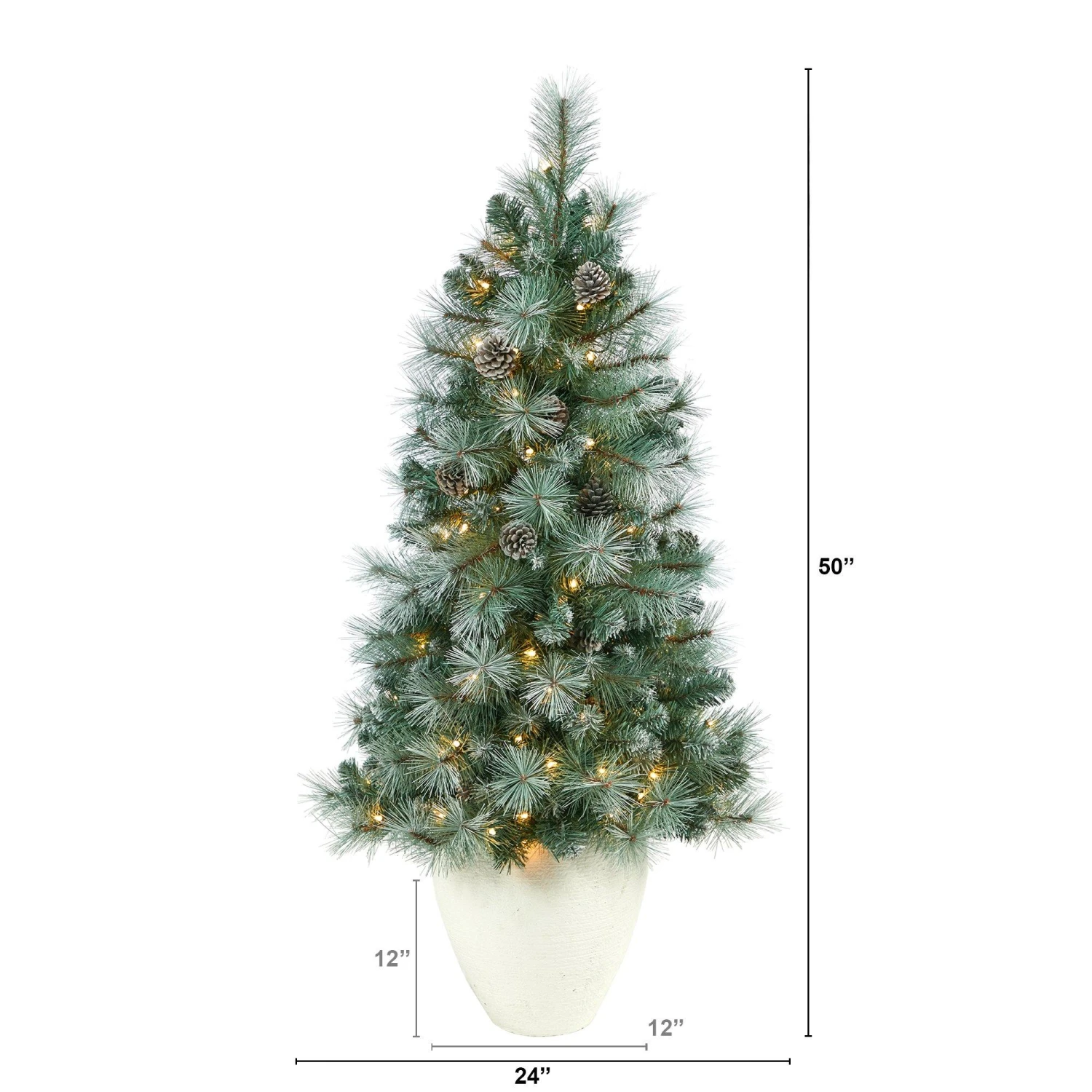 50” Frosted Tip British Columbia Mountain Pine Artificial Christmas Tree With 100 Clear Lights, Pine Cones And 228 Bendable Branches In White Planter 4 50” Frosted Tip British Columbia Mountain Pine Artificial Christmas Tree With 100 Clear Lights, Pine Cones And 228 Bendable Branches In White Planter - Image 2