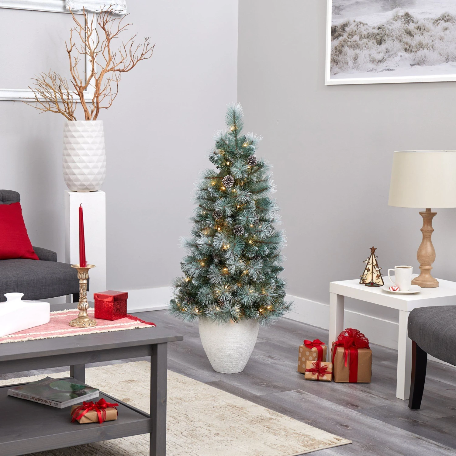 50” Frosted Tip British Columbia Mountain Pine Artificial Christmas Tree With 100 Clear Lights, Pine Cones And 228 Bendable Branches In White Planter 10 50” Frosted Tip British Columbia Mountain Pine Artificial Christmas Tree With 100 Clear Lights, Pine Cones And 228 Bendable Branches In White Planter - Image 8