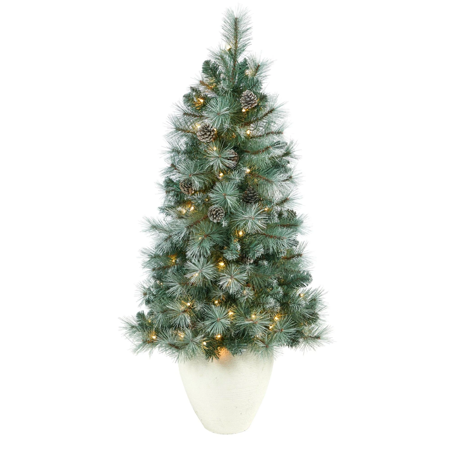 50” Frosted Tip British Columbia Mountain Pine Artificial Christmas Tree With 100 Clear Lights, Pine Cones And 228 Bendable Branches In White Planter 3 50” Frosted Tip British Columbia Mountain Pine Artificial Christmas Tree With 100 Clear Lights, Pine Cones And 228 Bendable Branches In White Planter
