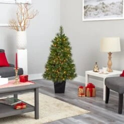 50” Golden Tip Washington Pine Artificial Christmas Tree With 100 Clear Lights, Pine Cones And 336 Bendable Branches In Black Metal Planter -Artificial Flowers Sale artificial 50 golden tip washington pine artificial christmas tree with 100 clear lights pine cones and 336 bendable branches in black metal planter nearly natural 841630