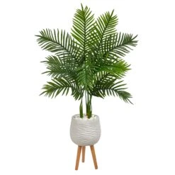 52” Areca Palm Artificial Tree In White Planter With Stand (Real Touch)