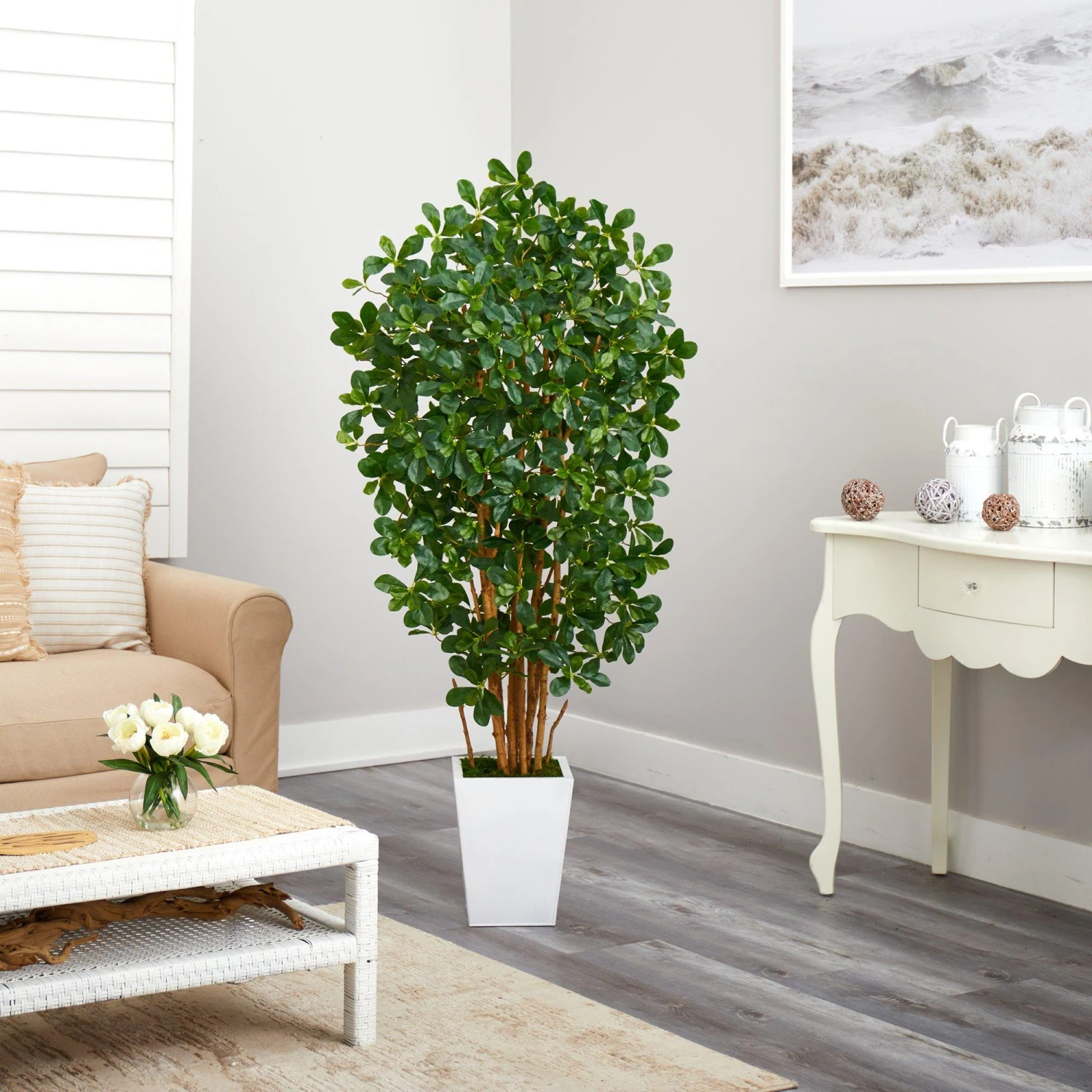 5.5’ Black Olive Artificial Tree With 1365 Bendable Leaves In Metal White Planter 6 5.5’ Black Olive Artificial Tree With 1365 Bendable Leaves In Metal White Planter - Image 4