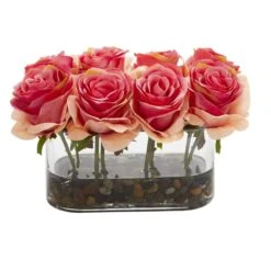 5.5” Blooming Roses In Glass Vase Artificial Arrangement