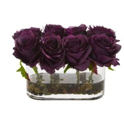 5.5” Blooming Roses In Glass Vase Artificial Arrangement -Artificial Flowers Sale artificial 55 blooming roses in glass vase artificial arrangement nearly natural purple elegance 292753