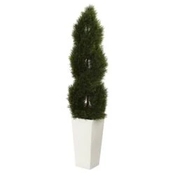 5.5’ Double Cypress Spiral Topiary Artificial Tree In White Planter (Indoor/Outdoor)