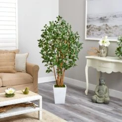 5.5' Ficus Bushy Artificial Tree In White Metal Planter -Artificial Flowers Sale artificial 55 ficus bushy artificial tree in white metal planter nearly natural 546621