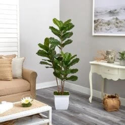 5.5’ Fiddle Leaf Artificial Tree In White Metal Planter(Indoor/Outdoor) -Artificial Flowers Sale artificial 55 fiddle leaf artificial tree in white metal planter uv resistant indooroutdoor nearly natural 922803