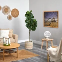 5.5’ Fiddle Leaf Fig Artificial Tree In Handmade Natural Cotton Multicolored Woven Planter -Artificial Flowers Sale artificial 55 fiddle leaf fig artificial tree in handmade natural cotton multicolored woven planter nearly natural 617143