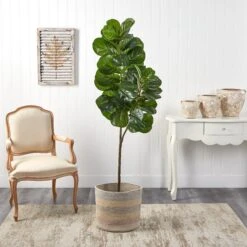 5.5’ Fiddle Leaf Fig Artificial Tree In Handmade Natural Cotton Multicolored Woven Planter -Artificial Flowers Sale artificial 55 fiddle leaf fig artificial tree in handmade natural cotton multicolored woven planter nearly natural 972961