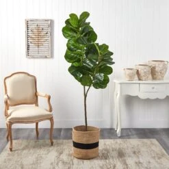 5.5’ Fiddle Leaf Fig Artificial Tree In Handmade Natural Cotton Planter -Artificial Flowers Sale artificial 55 fiddle leaf fig artificial tree in handmade natural cotton planter nearly natural 934234