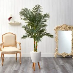5.5’ Golden Cane Artificial Palm Tree In White Planter -Artificial Flowers Sale artificial 55 golden cane artificial palm tree in white planter nearly natural 154391