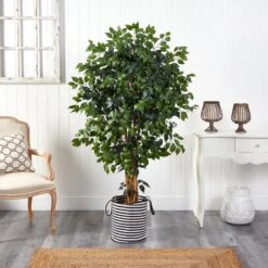 5.5’ Palace Ficus Artificial Tree In Handmade Black And White Natural Jute And Cotton Planter -Artificial Flowers Sale artificial 55 palace ficus artificial tree in handmade black and white natural jute and cotton planter nearly natural 664786