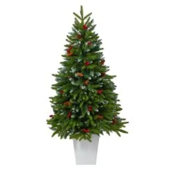 56” Snow Tipped Portland Spruce Artificial Christmas Tree With Frosted Berries And Pinecones With 100 Clear LED Lights In White Metal Planter 12 56” Snow Tipped Portland Spruce Artificial Christmas Tree With Frosted Berries And Pinecones With 100 Clear LED Lights In White Metal Planter -Artificial Flowers Sale artificial 56 snow tipped portland spruce artificial christmas tree with frosted berries and pinecones with 100 clear led lights in white metal planter nearly natural 105916