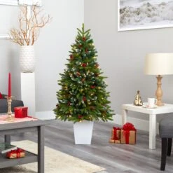 56” Snow Tipped Portland Spruce Artificial Christmas Tree With Frosted Berries And Pinecones With 100 Clear LED Lights In White Metal Planter 17 56” Snow Tipped Portland Spruce Artificial Christmas Tree With Frosted Berries And Pinecones With 100 Clear LED Lights In White Metal Planter -Artificial Flowers Sale artificial 56 snow tipped portland spruce artificial christmas tree with frosted berries and pinecones with 100 clear led lights in white metal planter nearly natural 969127