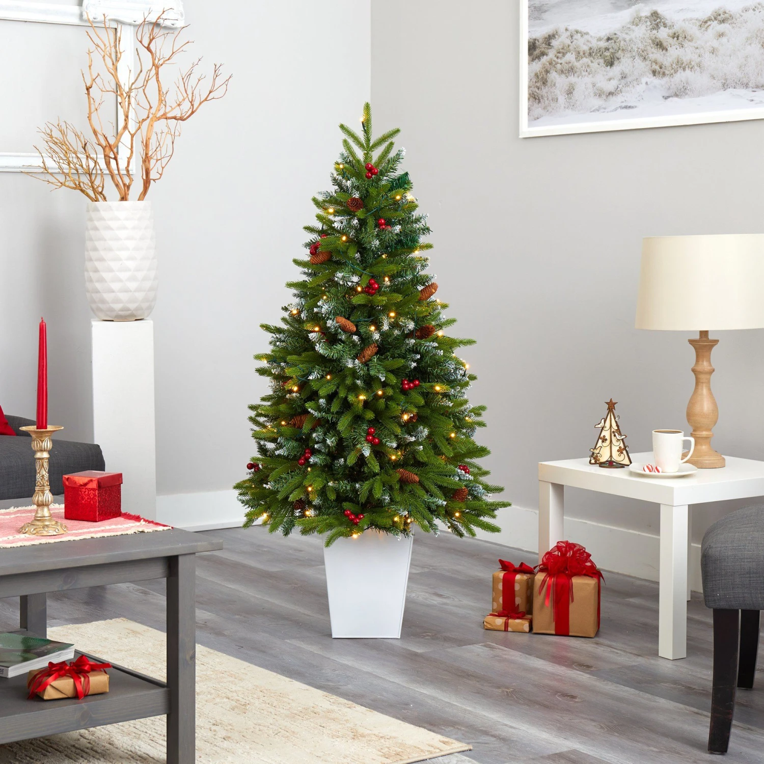 56” Snow Tipped Portland Spruce Artificial Christmas Tree With Frosted Berries And Pinecones With 100 Clear LED Lights In White Metal Planter 10 56” Snow Tipped Portland Spruce Artificial Christmas Tree With Frosted Berries And Pinecones With 100 Clear LED Lights In White Metal Planter - Image 8