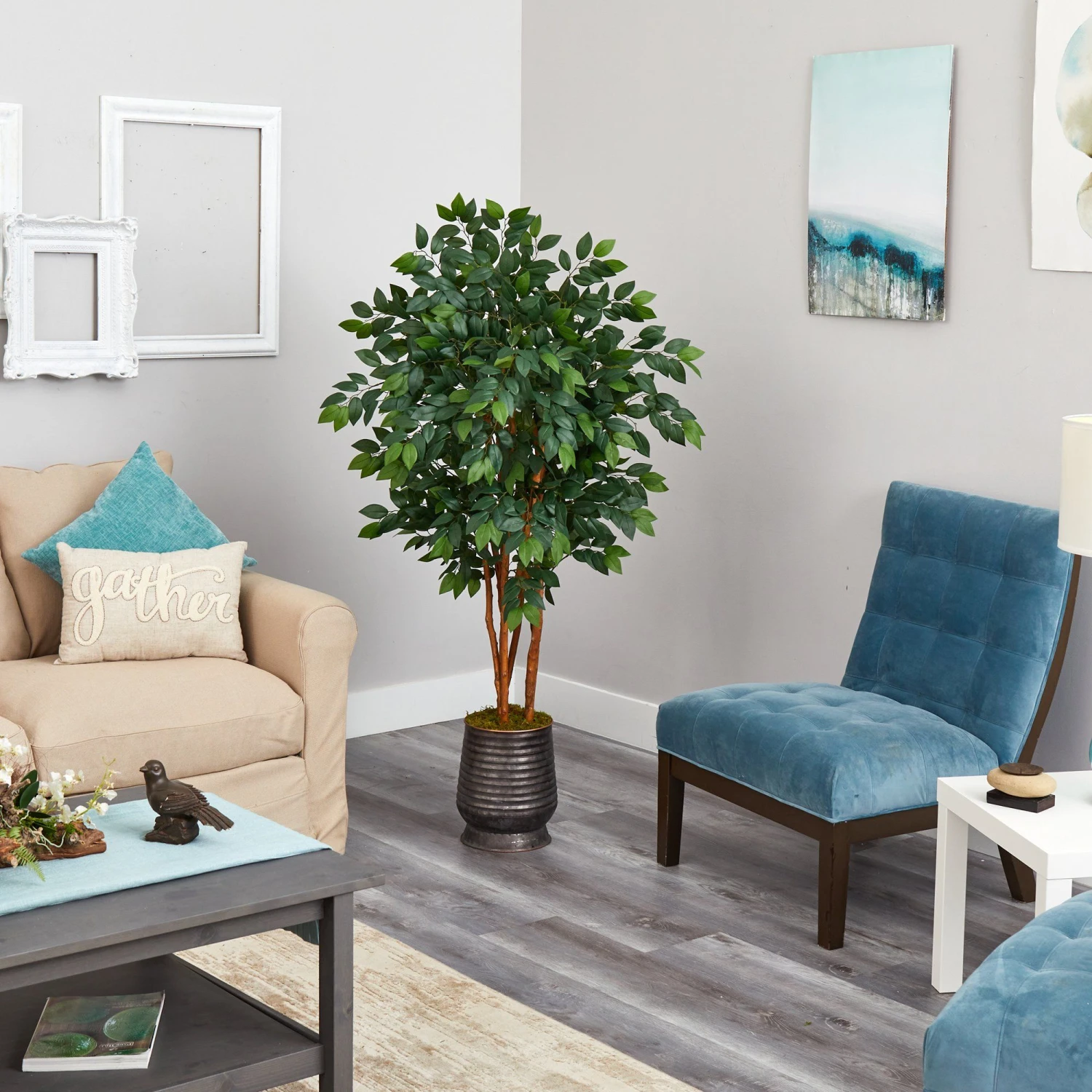 57” Sakaki Artificial Tree In Ribbed Metal Planter 4 57” Sakaki Artificial Tree In Ribbed Metal Planter - Image 2