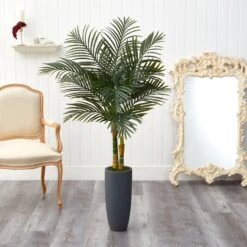 58” Golden Cane Artificial Palm Tree In Gray Planter -Artificial Flowers Sale artificial 58 golden cane artificial palm tree in gray planter nearly natural 390475