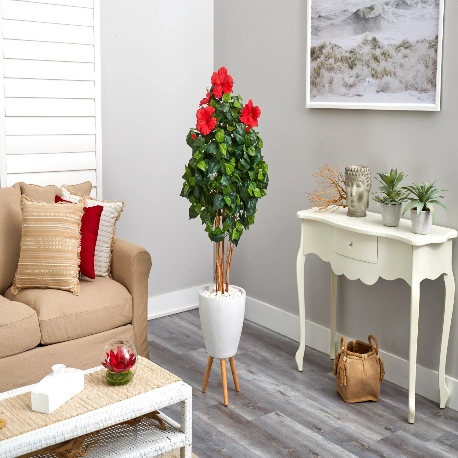 58” Hibiscus Artificial Tree In White Planter With Stand 6 58” Hibiscus Artificial Tree In White Planter With Stand - Image 4