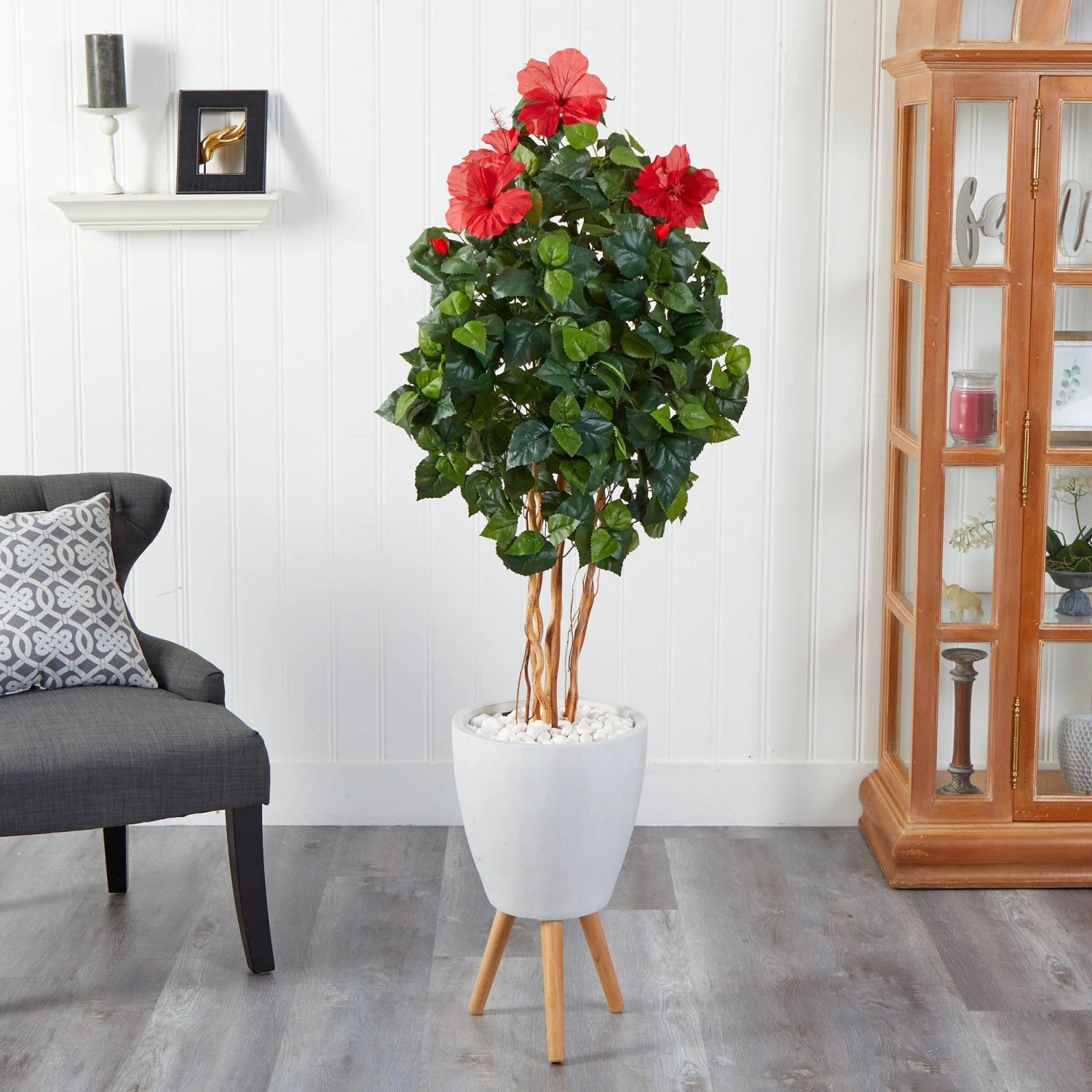 58” Hibiscus Artificial Tree In White Planter With Stand 5 58” Hibiscus Artificial Tree In White Planter With Stand - Image 3