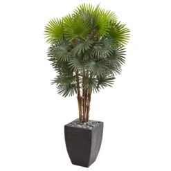 59” Fan Palm Artificial Tree In Black Planter