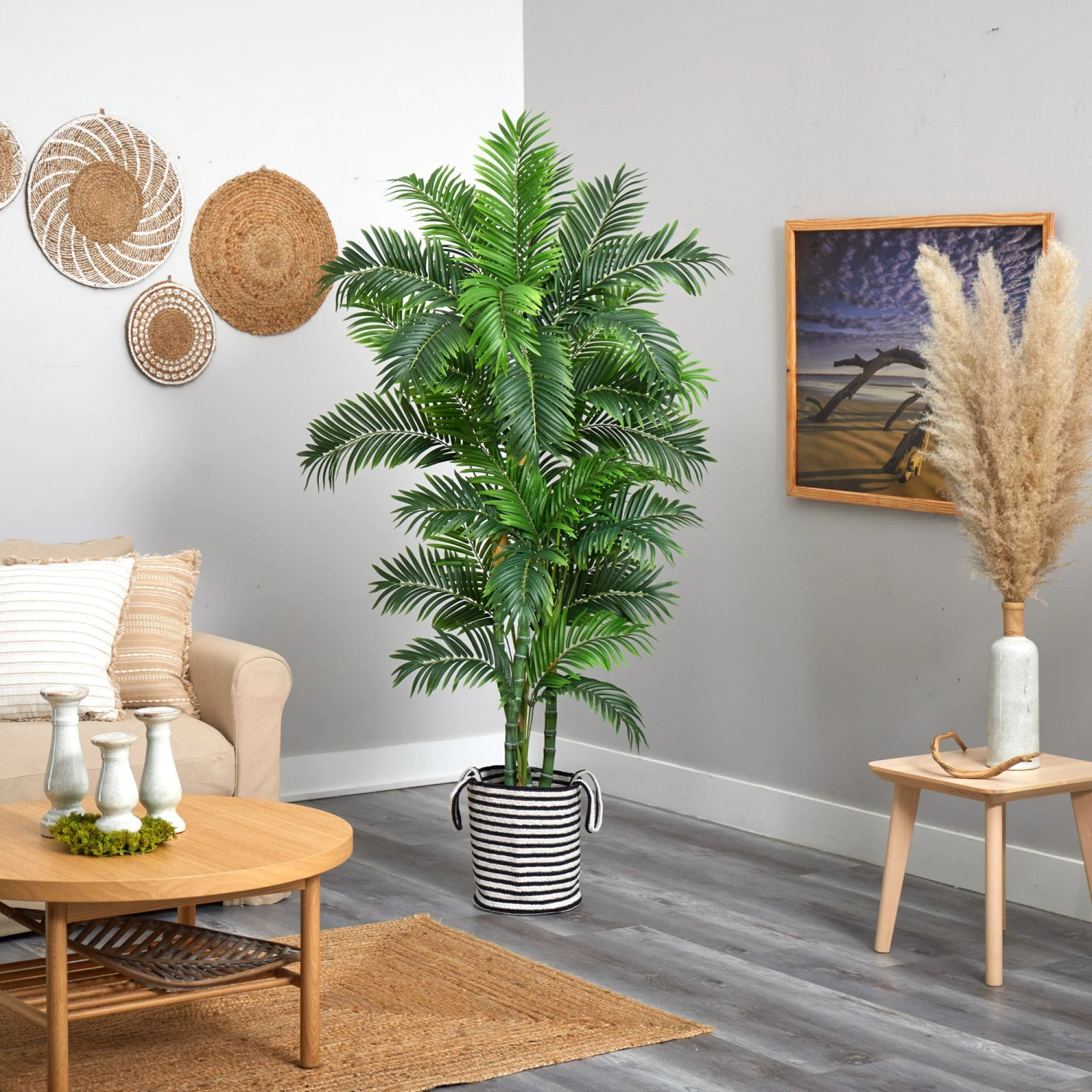 6’ Curvy Parlor Artificial Palm Tree In Handmade Black And White Natural Jute And Cotton Planter 6 6’ Curvy Parlor Artificial Palm Tree In Handmade Black And White Natural Jute And Cotton Planter - Image 4