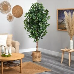 6’ Ficus Artificial Tree With Natural Trunk In Handmade Natural Jute Planter With Tassels -Artificial Flowers Sale artificial 6 ficus artificial tree with natural trunk in handmade natural jute planter with tassels nearly natural 804082