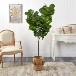 6’ Fiddle Leaf Fig Artificial Tree In Handmade Natural Jute Planter With Tassels -Artificial Flowers Sale artificial 6 fiddle leaf fig artificial tree in handmade natural jute planter with tassels nearly natural 178157