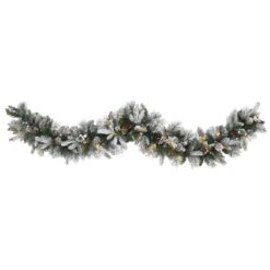 6’ Flocked Mixed Pine Artificial Christmas Garland With 50 LED Lights, Pine Cones And Berries