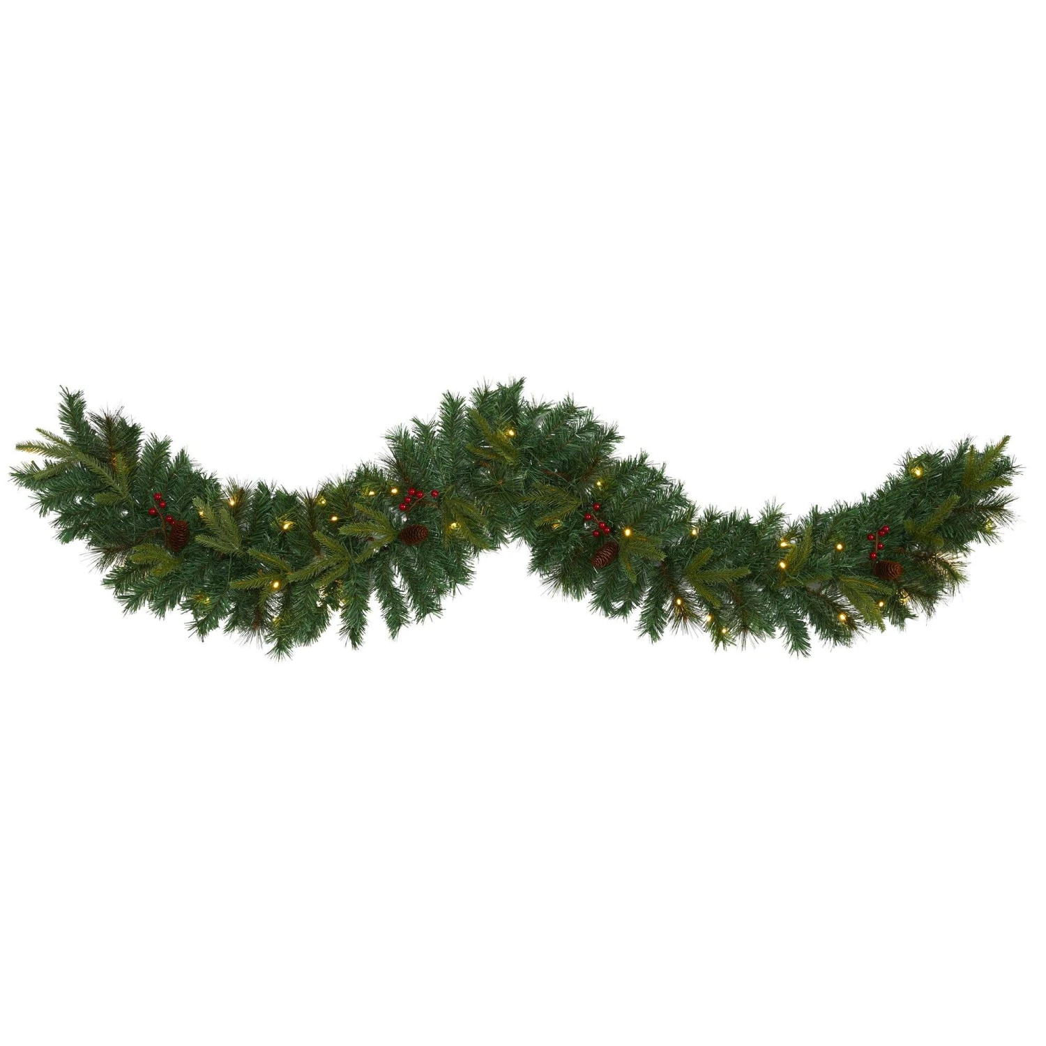 6’ Mixed Pine Artificial Christmas Garland With 35 Clear LED Lights, Berries And Pinecones 3 6’ Mixed Pine Artificial Christmas Garland With 35 Clear LED Lights, Berries And Pinecones