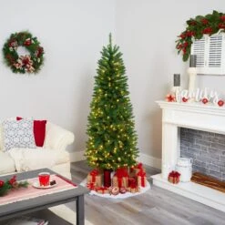 6’ Slim Green Mountain Pine Artificial Christmas Tree With 250 Clear LED Lights -Artificial Flowers Sale artificial 6 slim green mountain pine artificial christmas tree with 250 clear led lights nearly natural 978914