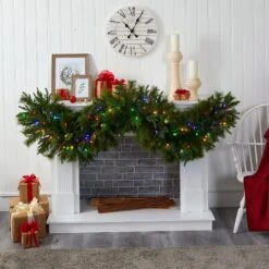 6' X 18” Christmas Pine Extra Wide Artificial Garland With 100 Multicolored LED Lights -Artificial Flowers Sale artificial 6 x 18 christmas pine extra wide artificial garland with 100 multicolored led lights nearly natural 816782