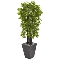 61” Bamboo Artificial Tree With Black Trunks In Slate Planter (Indoor/Outdoor)