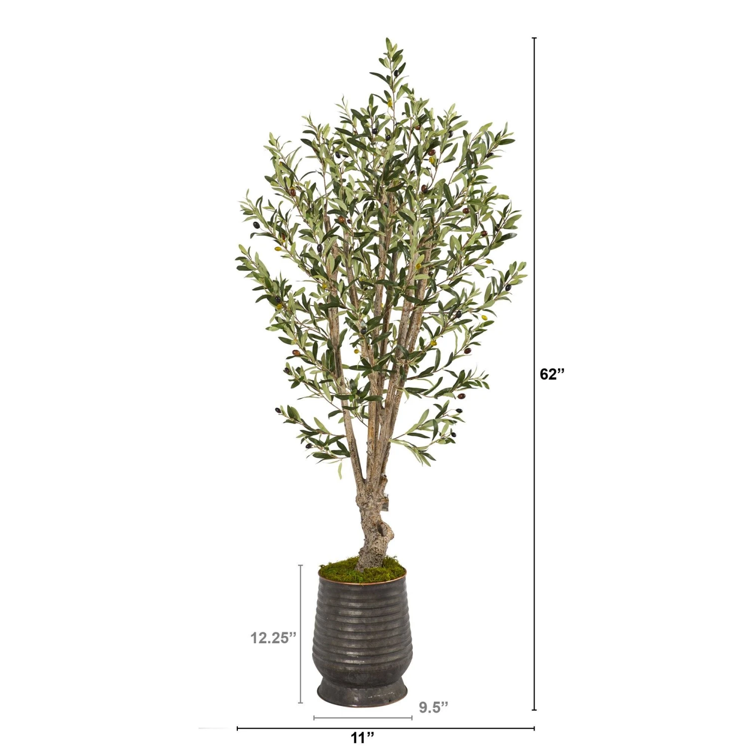 62” Olive Artificial Tree In Ribbed Metal Planter 4 62” Olive Artificial Tree In Ribbed Metal Planter - Image 2