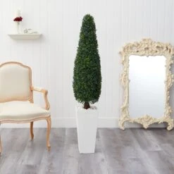 63” Boxwood Topiary Artificial Tree In Tall White Planter(Indoor/Outdoor) -Artificial Flowers Sale artificial 63 boxwood topiary artificial tree in tall white planter uv resistant indooroutdoor nearly natural 201196