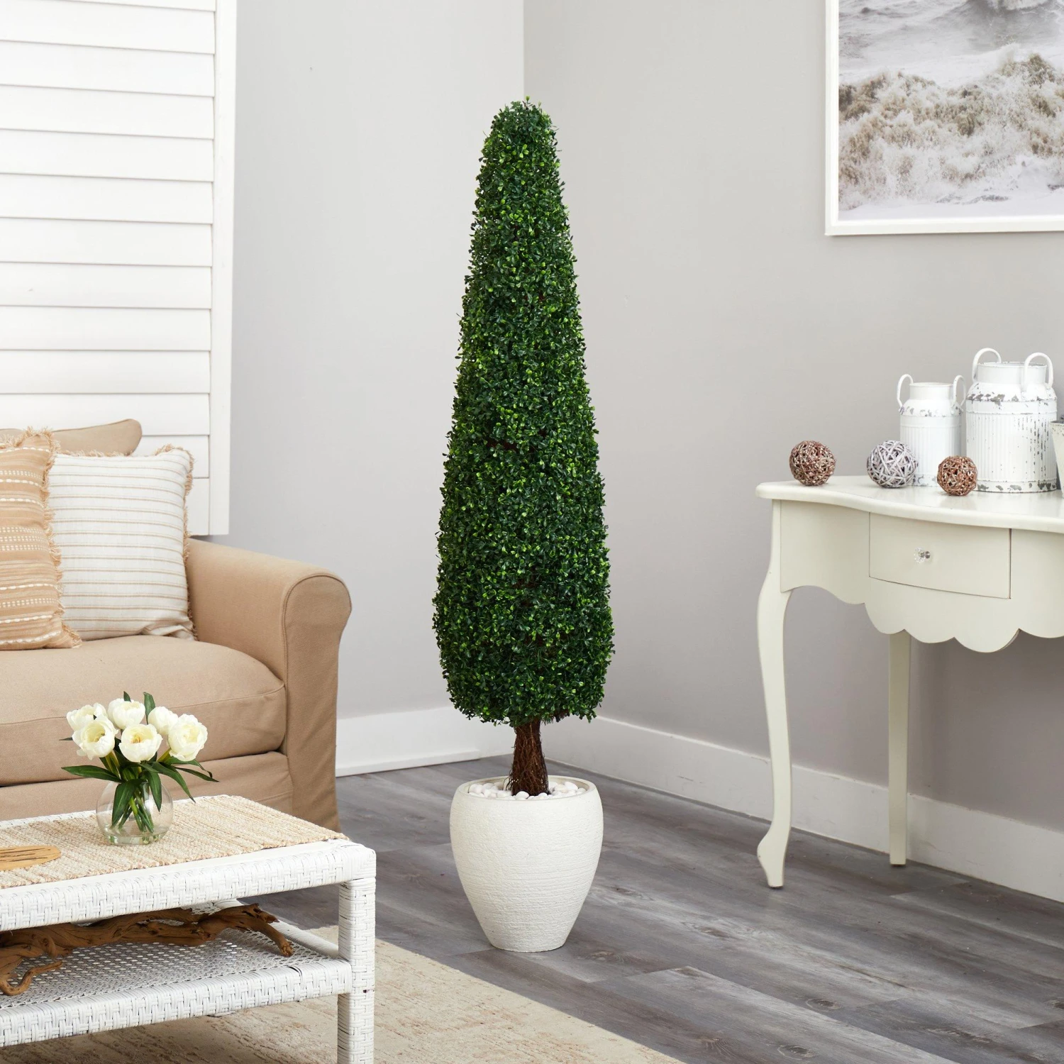 63” Boxwood Topiary Artificial Tree In White Planter (Indoor/Outdoor) 6 63” Boxwood Topiary Artificial Tree In White Planter (Indoor/Outdoor) - Image 4