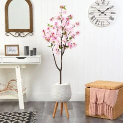 63” Cherry Blossom Artificial Tree In White Planter With Stand -Artificial Flowers Sale artificial 63 cherry blossom artificial tree in white planter with stand nearly natural 223896