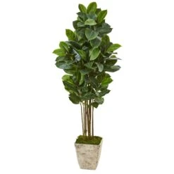 63” Rubber Leaf Artificial Tree In Country White Planter