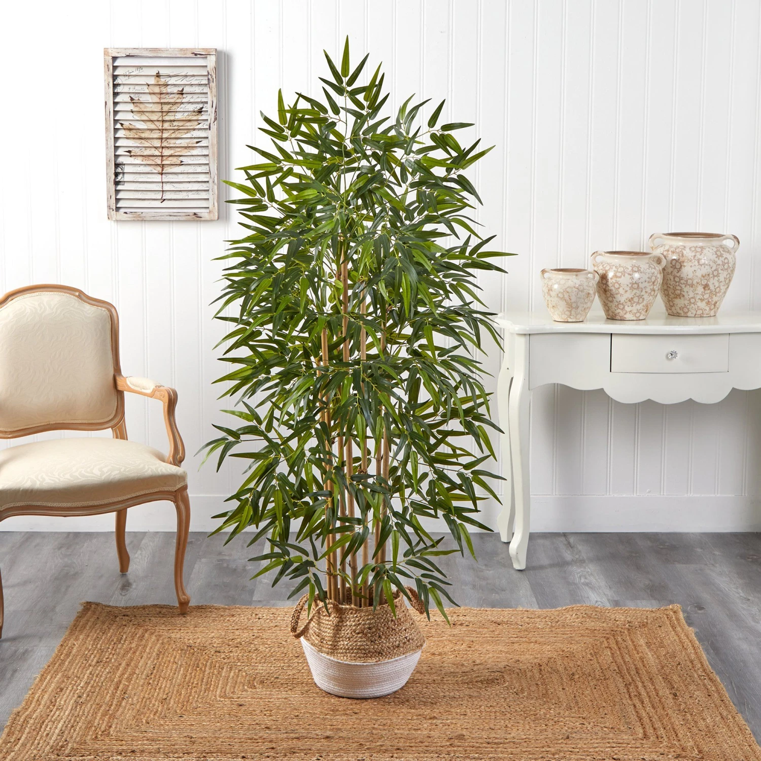 64” Bamboo Tree With Natural Bamboo Trunks In Boho Chic Handmade Cotton & Jute White Woven Planter 5 64” Bamboo Tree With Natural Bamboo Trunks In Boho Chic Handmade Cotton & Jute White Woven Planter - Image 3