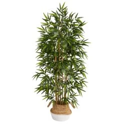 64” Bamboo Tree With Natural Bamboo Trunks In Boho Chic Handmade Cotton & Jute White Woven Planter
